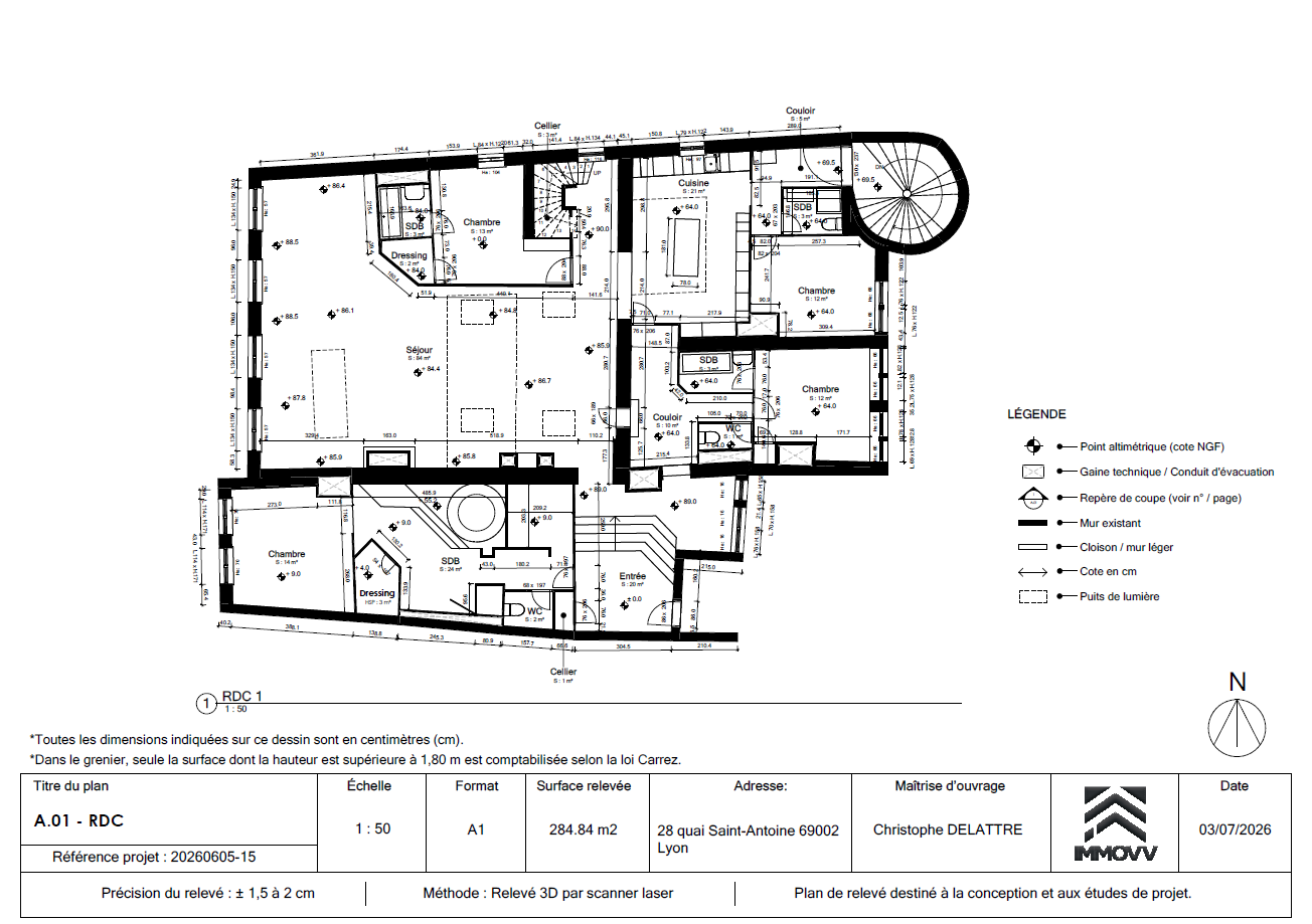 Plan de relevé coté du RDC — appartement de 320 m² quai Saint-Antoine à Lyon, réalisé par scanner laser 3D