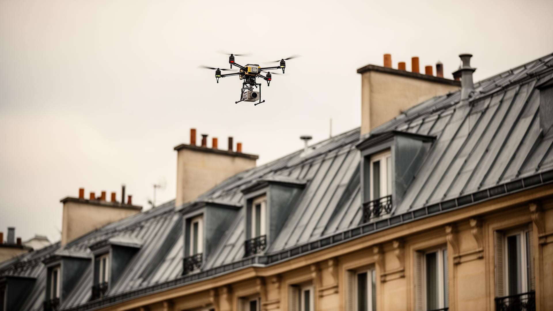 Drone survolant une toiture en zinc